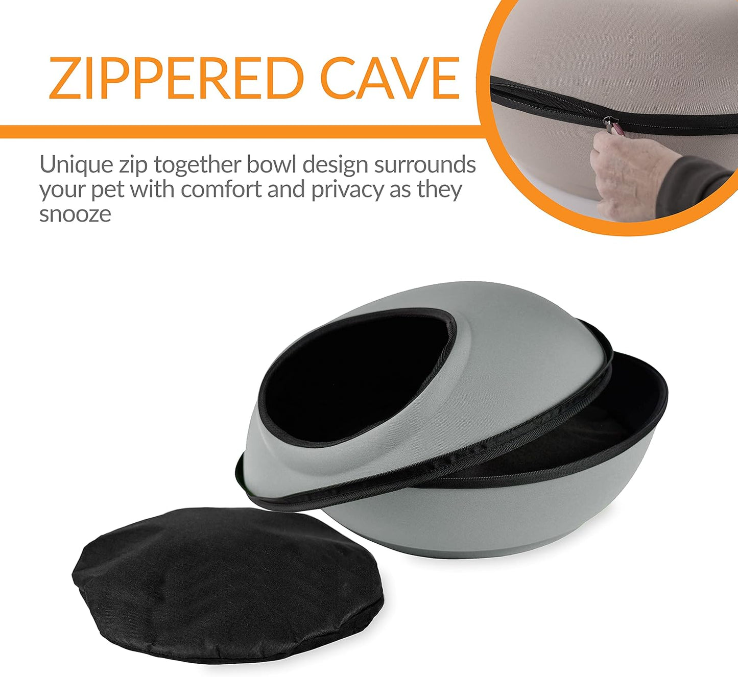K&H Pet Products Unheated Kitty Mod Dream Pod Cat Bed for Large Cats or Small Dogs, Indoor Covered Privacy Cave, Collapsible, Easy Clean Washable Cushion - Unheated Round 22in Gray/Black