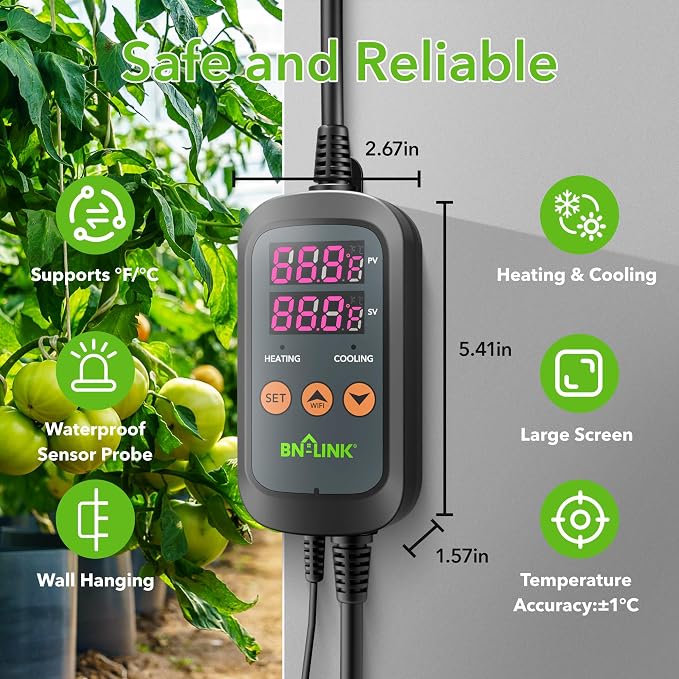 BN-LINK Digital Temperature Controller Thermostat Outlet with Heating Cooling Mode, 2-Stage Outlet Thermostat Controller Plug for Reptiles Aquarium Carboy Homebrew Breeding Fermenter Seed Germination