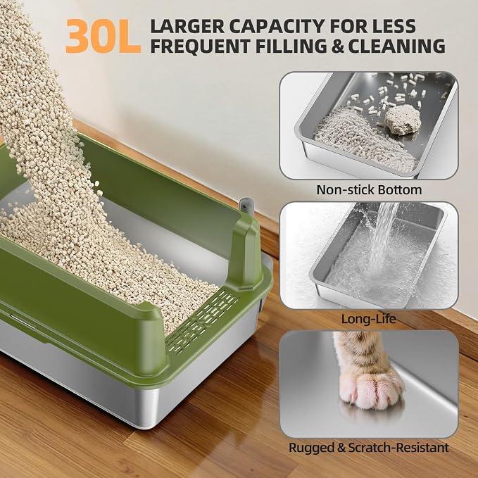 WoofiGo Enclosed Stainless Steel Cat Litter Box with Lid, XL Extra Large Litter Box for Big Cats, Metal Litter Pan High Sided, Never Absorbs Odors, Anti-Urine Leakage, Include Scoop (65-Green)