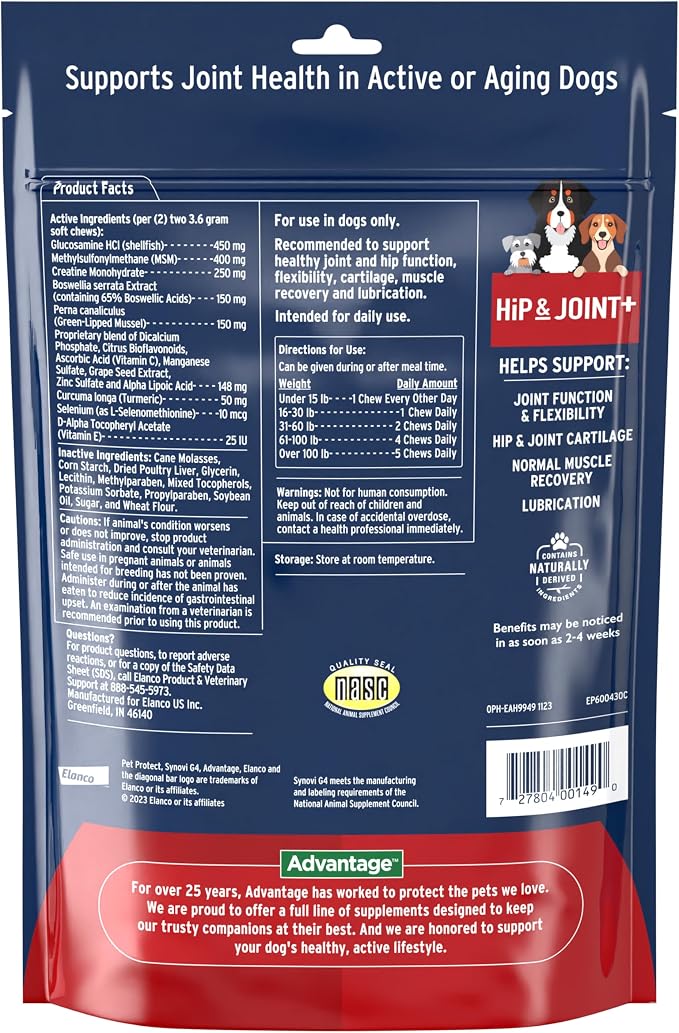 Pet Protect Dog Hip & Joint+ Supplement for Active & Aging Dogs, Vet-Formulated Synovi G4, Dog Glucosamine, Chicken-Flavored Soft Chews (240 Count)