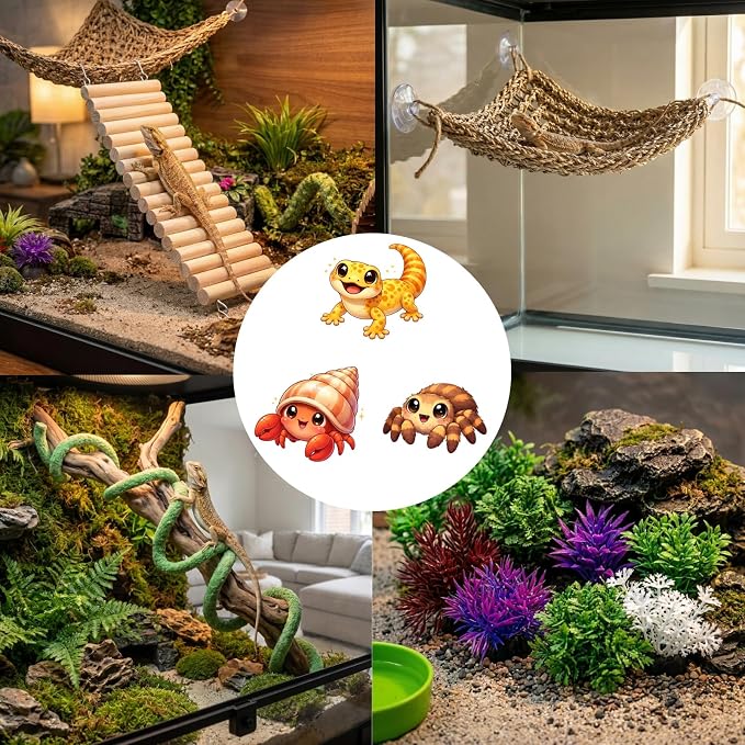 12-in-1 Hermit Crab Accessories Kit, 2026 New Kit for Bearded Dragon, Coconut Shell Hideout, Climbing Bridge, Hammock, Vines & Plants, Reptile Terrarium Decor for Gecko, Lizard, Amphibians