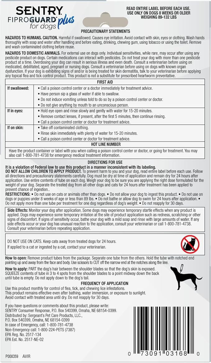 Sentry Fiproguard for Dogs, Flea and Tick Prevention for Dogs (89-132 Pounds), Includes 3 Month Supply of Topical Flea Treatments