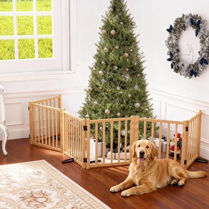YOCAN Non-Painted Wooden Freestanding Dog Gates for The House,Doorways, Stairs,Wood Dog Fences Indoor Pet Gate,Step Over Fence-6 Panel H:23”