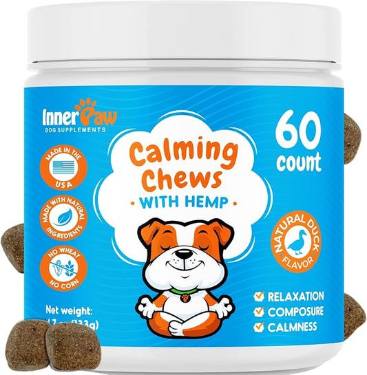 Calming Chews for Dogs – Hemp, Chamomile & Passion Flower – Natural Calming Aid for Stress, Relaxation, Travel & Separation – Duck Flavor Soft Chews Made in USA, 60 Count