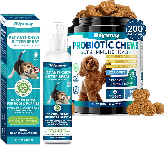 Woyamay Dog No Chew Spray & Probiotic Chews Bundle – Digestive Health + Behavioral Support for Dogs – Prevent Chewing, Licking & Biting While Supporting Gut Health, Immunity & Daily Comfort