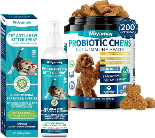 Woyamay Dog No Chew Spray & Probiotic Chews Bundle – Digestive Health + Behavioral Support for Dogs – Prevent Chewing, Licking & Biting While Supporting Gut Health, Immunity & Daily Comfort