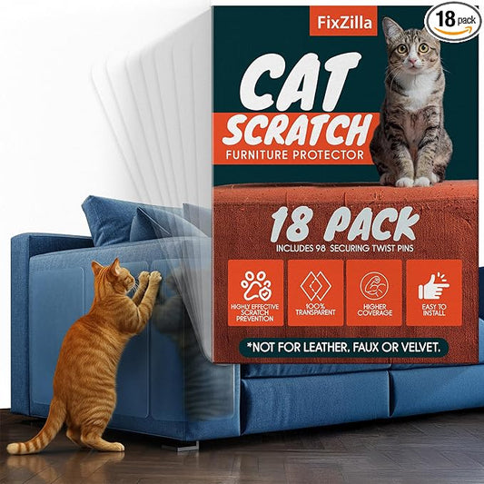 FixZilla Anti Cat Scratch Furniture Protector, 18-Pack Couch Protector from Cat Claws – Heavy-Duty, Easy-to-Apply Scratching Deterrent and Shield for Sofa Corners, Walls, Doors- with 98 Twist Pins