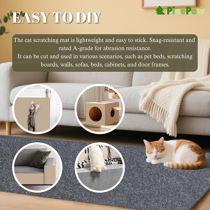 PinePaw Cat Scratch Furniture Protector - Trimmable Self-Adhesive Carpet DIY Climbing Cat Scratcher Pad for Couch Protector from Cat Claws Scratching Covering Cat Tower (Beige 15.8" x 80")