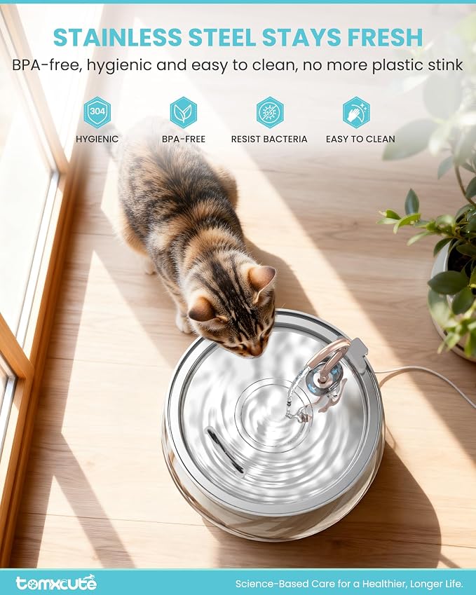 Tomxcute Stainless Steel Cat Water Fountain, Swan Neck Multi-Pet Dispenser | 304 Stainless Steel, Copper Plated Spout, 135oz Capacity, Ultra-Quiet Pump, Quadruple Filter, Dishwasher Safe Tank