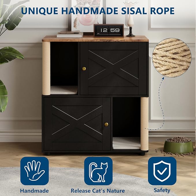 Cat Litter Box Enclosure, Two-Story Wooden Hidden Litter Box Furniture with Scratching Post, Multi-Level Cat Washroom Cabinet for 2 Cats, Reinforced Wood Frame & Ventilated Design for Small Apartment