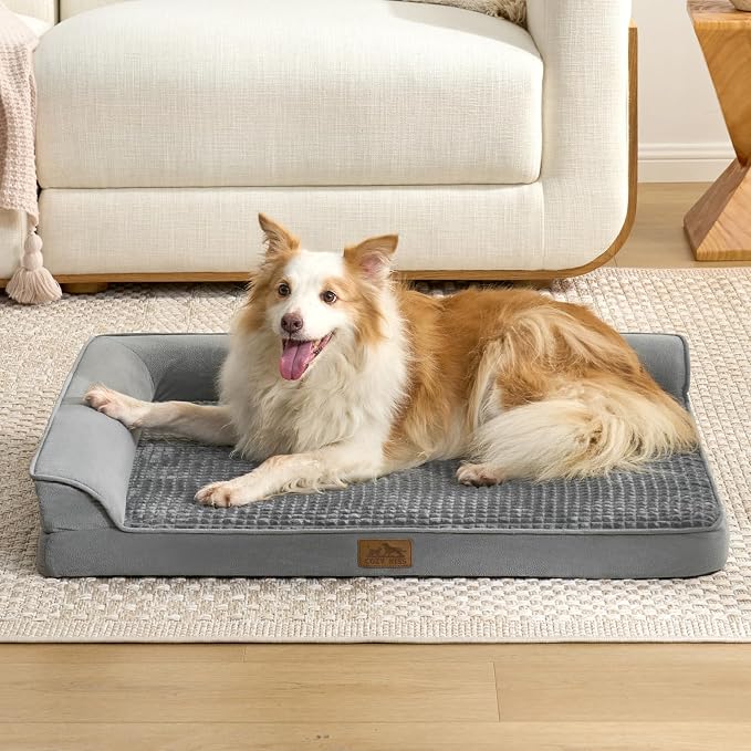 COZY KISS Orthopedic Dog Bed for Extra Large, XXL Dogs Bed, L Shaped Foam Anti-Slip Bottom Giant Pet Cat Sofa with Washable Cover, Suitable for Pet Up to 150 lbs, 48x35x8 inch, Grey ﻿