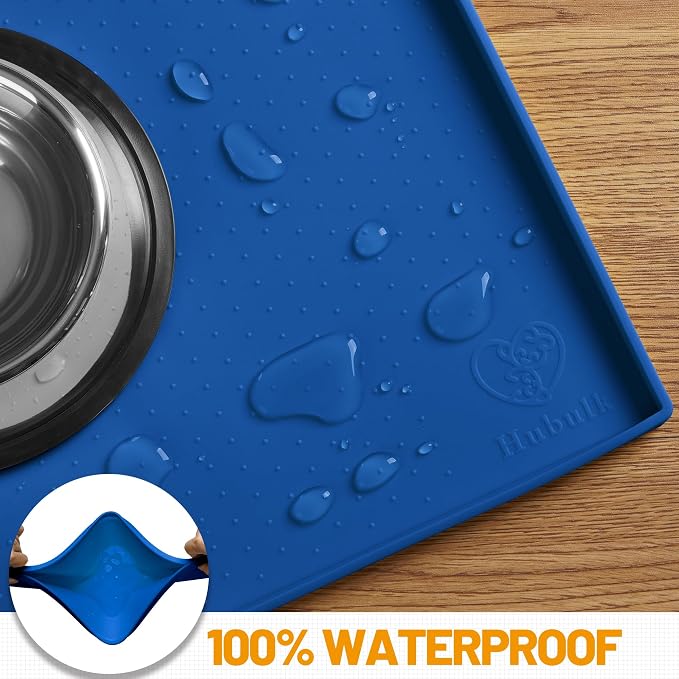 Hubulk Dog Feeding Mat,100% Waterproof Food Grade Silicone Pet Food and Water Bowl Placemat,Dishwasher, High Raised Edge to Prevent Spills,Nonslip Tray to Stop Messes on Floor (19"x12"x0.5", Navy)