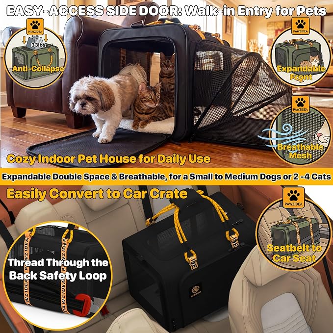 PAWZIDEA Expandable Large Pet Carrier with Wheels, 24x16x16 in Rolling Cat Carrier for 2–4 Cats up 55lb, Soft-Sided Collapsible Small Medium Dog Crate for Car Travel, Telescopic Handle, Storage Pocket