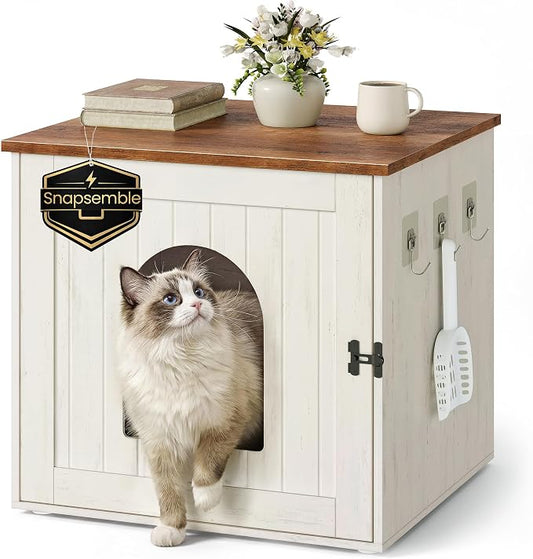 SONGMICS Home Cat Litter Box Enclosure, Snapsemble Superfast Assembly, Litter Box Cabinet, Double Latches, Hooks, Cat House, 21.7 x 19.7 x 19.7 Inches, Rustic White and Honey Brown PCL234WJ03S