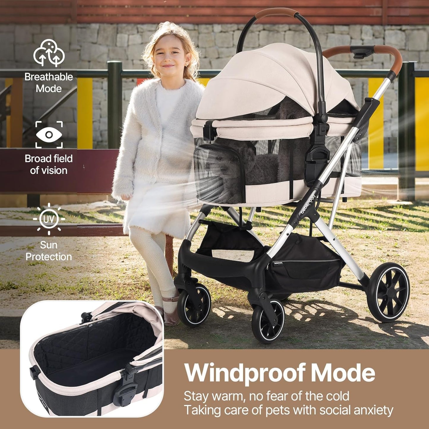 T6 Luxury Pet Stroller for Medium Dogs Up to 66lbs or 2 Small Pets – 3-in-1 Dog & Cat Stroller with Removable Carrier, Foldable & Lightweight (Beige & Net Wall)