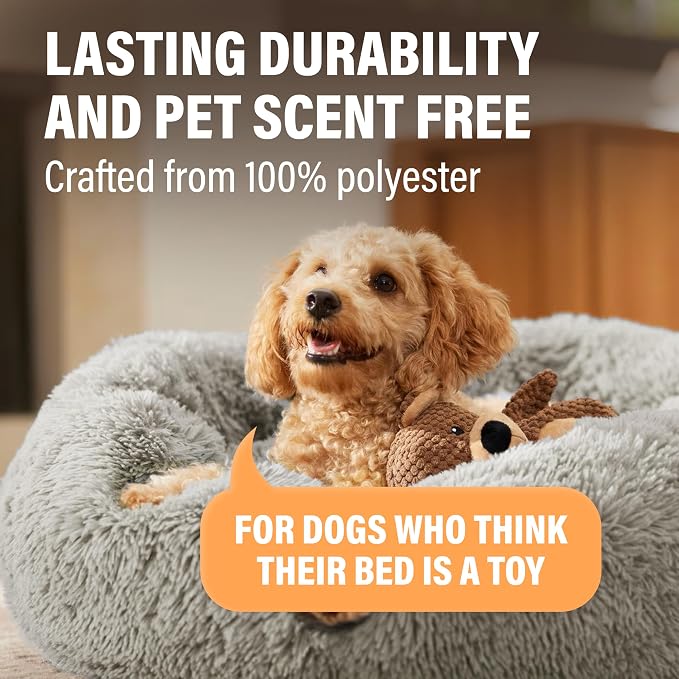 Active Pets Premium Medium Donut Dog Bed, Fits Up to 45 lbs, Machine Washable Cushion, Plush Long Pile Faux Fur Fabric, Portable Dark Gray Pet Bed Furniture for Puppies Adult Canines & Cats