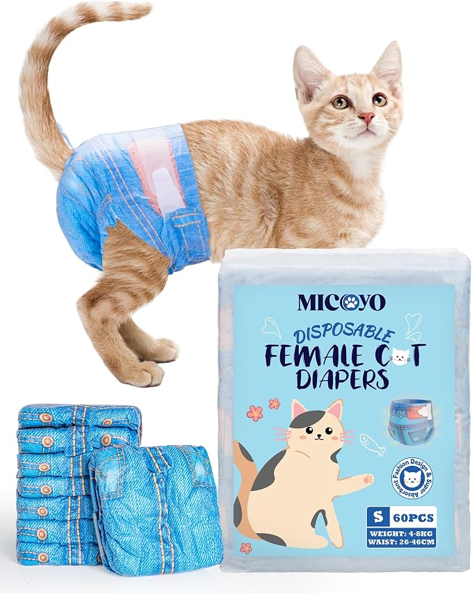 MICOOYO Disposable Cat Diapers, Cat Diapers for Female Cats with Ultra Stretchy, Puppy Diaper Super Absorbent, Fit for Cats in Heat or Incontinence, 60 Count Small Size