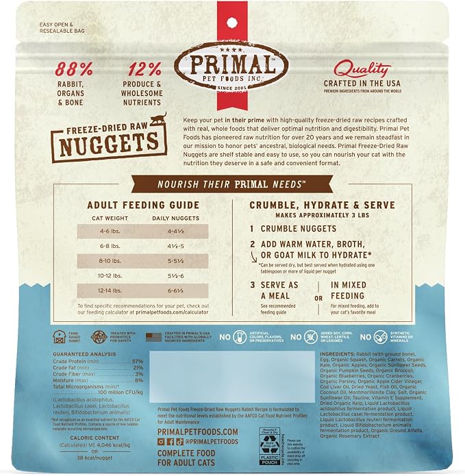 Primal Freeze Dried Raw Cat Food Nuggets Rabbit, Complete & Balanced Meal or Topper, Premium, Healthy, Grain Free, High Protein Raw Cat Food with Probiotics (14 oz)