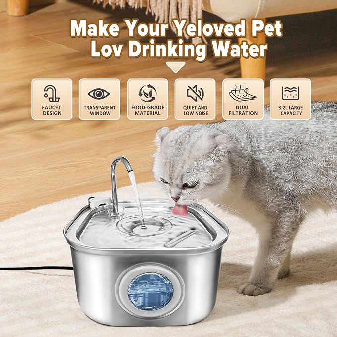 Cat Water Fountain.Stainless Steel Pet Water Dispenser Bowl: 108oz/3.2L.Quiet Pet Water Bowl Dispenser.with Ultra Quiet Pump and Faucet Water Level Window（with 4 Filters and Sponge）