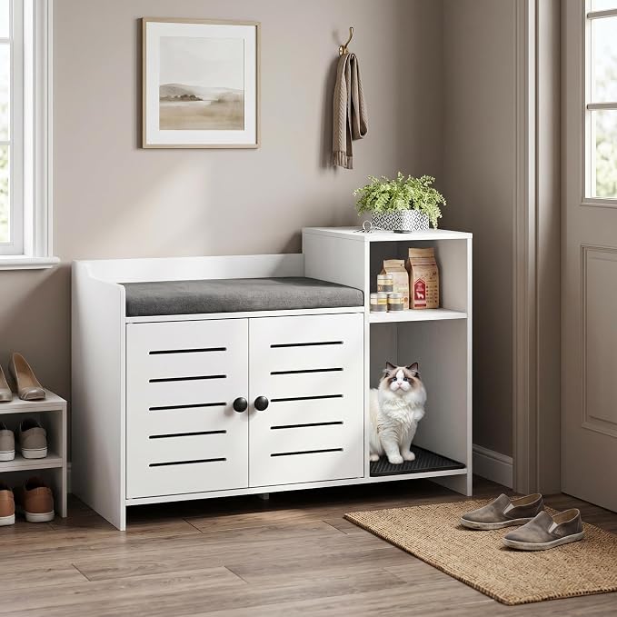 Hidden Cat Litter Box Enclosure Cabinet with Mark Pad – Modern Farmhouse Cat House Furniture, Storage Shelf – Discreet Indoor Use for Hallway or Bedroom, White