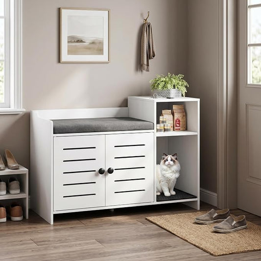 Hidden Cat Litter Box Enclosure Cabinet with Mark Pad – Modern Farmhouse Cat House Furniture, Storage Shelf – Discreet Indoor Use for Hallway or Bedroom, White