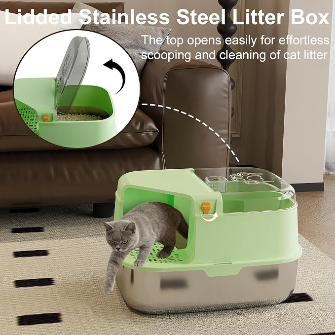 3-in-1 Convertible Cat Litter Box, ABS + Stainless Steel Pan, Enclosed Low Entry High Sided Box with Litter Trapping Grid, 23.1x16.93x14.1 Inch, for Senior Kittens & Large Cats（Green）