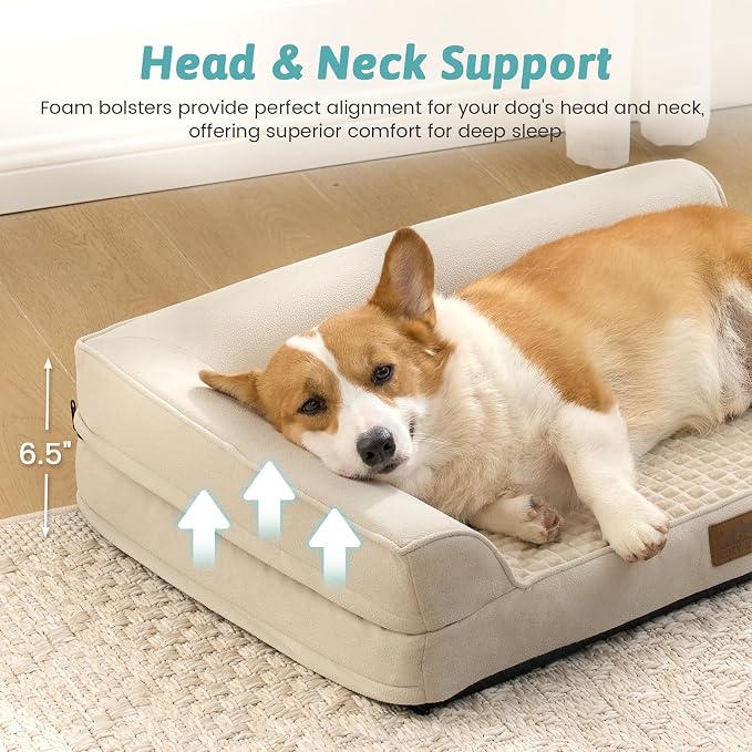 COZY KISS Orthopedic Dog Bed for Large Medium Size Dog, Dogs Crate Bed, L Shaped Foam Anti-Slip Bottom Pet Cat Sofa with Washable Removable Cover, Suitable for Pet Up to 75 lbs, 36x27x6.5 inch, Beige