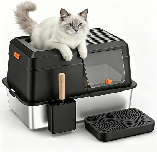Extra Large Enclosed Stainless Steel Litter Box with Lid，Side Entry Top Exit High Sided Metal Cat Litter Pan，Non-Stick Easy Cleaning Anti-Urine Leakage for Big Cats，Includes Scoop & Step, Black