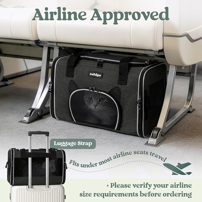 rabbitgoo Cat Carrier Soft Sided, Stable Portable Pet Carrier with Safety Buckles for Car Travel Vet Visit Airline, Comfortable Breathable Kitten Bag for Small Medium Cat, Black, 17x11x11 inch