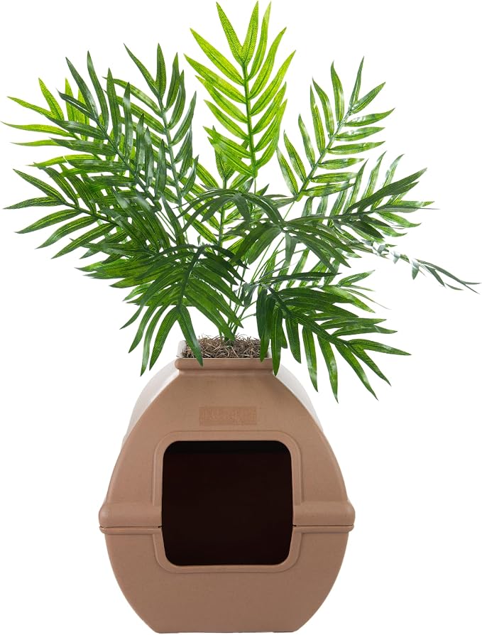 Good Pet Stuff Courtyard Hidden Litter Box Planter, Decorative Cat Litter Enclosure with Carbon Filter, Artificial Palm Plant, Square Design, Easy To Clean, Base Kit, Mocha Brown