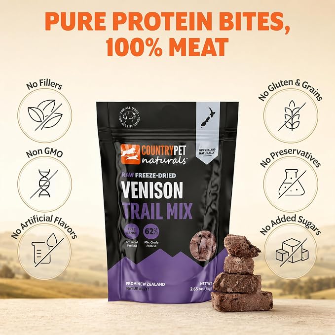 New Zealand Raw Freeze-Dried Venison Lung, Spleen & Kidney 62% Protein Bites 100% Grass-Fed, Premium, Single Ingredient, Grain & Gluten Free Dog Treat & Topper. No crumbling 6-pack