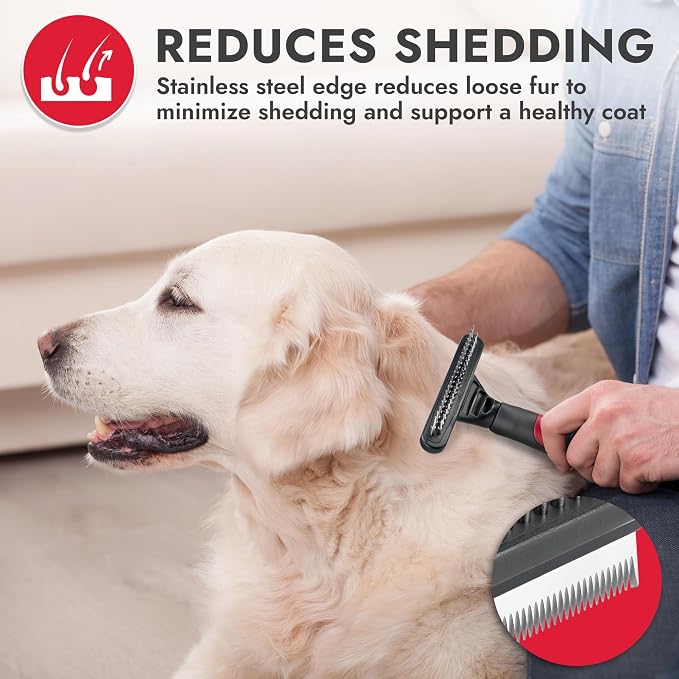 KONG Double-Sided Rake & Deshedding Tool – Detangling & Shedding Control, Rounded Metal Tips, Non-Slip Grip, for Medium to Large Dogs with Medium to Long Coats, Red/Gray