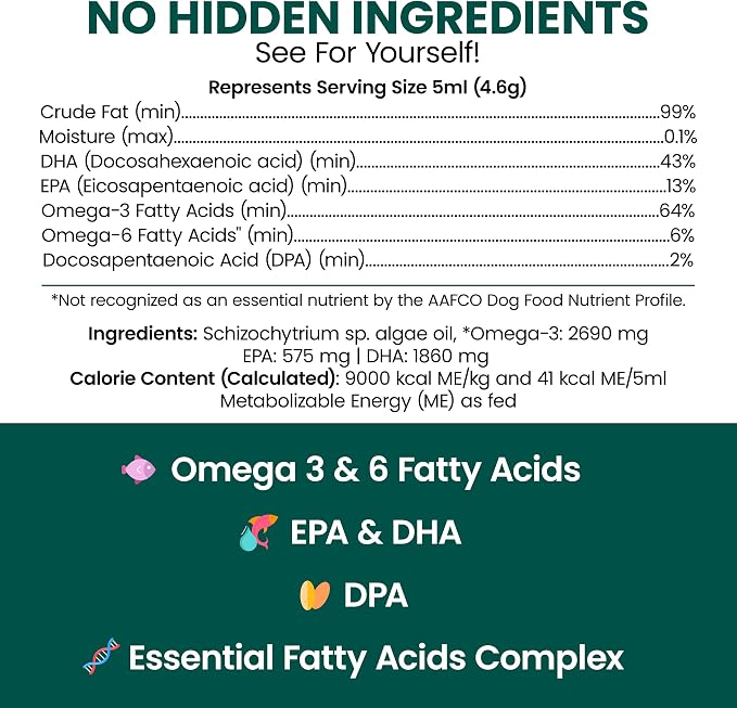 Vegan Omega 3 Oil for Dogs - 8 oz of Fish Free Algae Oil for Healthy Skin and Coat - Made with Omega 3 and 6 Fatty Acids, EPA, DHA, and DPA - Made in the USA
