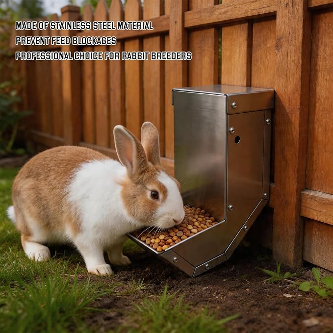Rabbit Feeder - Small Animal Stainless Steel Gravity Feeding Trough with Lid, Outdoor Durable Cage Feeder Holds Several Days' Food (4 Inch/1.5Lbs)