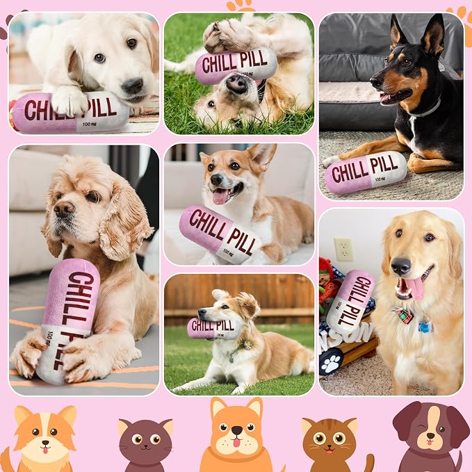 CUweipeng Funny Dog Squeaky Toy - Pink Chill Pill Capsule Shaped Teething Squeak Plush Pet Toy Bite Kick Indoor Interactive Training Play Supply for Small Dog Cat Present Pet Lover Gift Photo Props