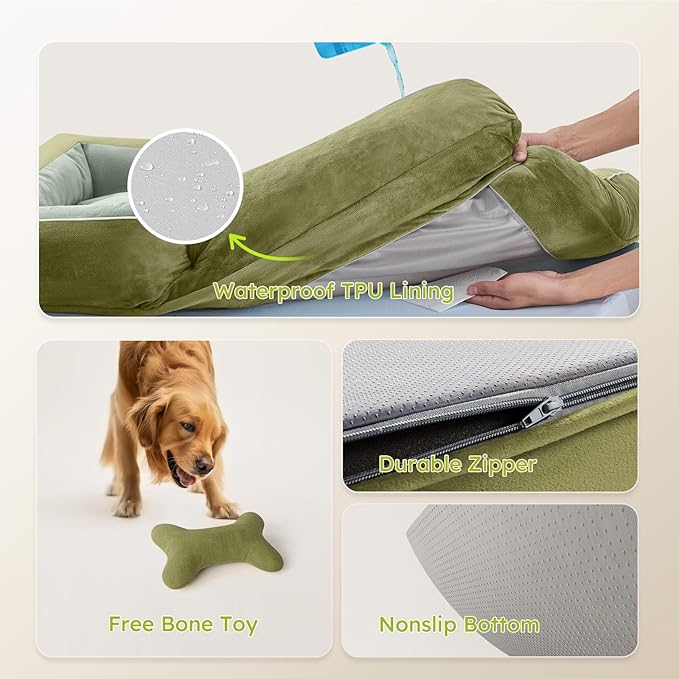 CWAWZ Jumbo Dog Bed for Extra Large Dogs, Orthopedic Dog Bed with Cooling Gel Memory Foam, Waterproof Pet Bed with Removable Washable Cover, 45" Pet Sofa Couch Dutch Velvet with Bone Toy, Dark Green
