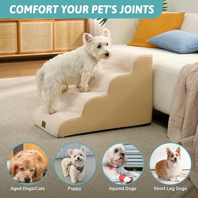 COZY KISS Wide Dog Stairs for Small Dog 19.7" H, Pet Step for Puppy, Older Cat, Curved Ramp for High Bed or Car, Stairs with High Density Foam, Lightweight, Durable, 4 Step, 17.7x28x19.7 inch, Beige