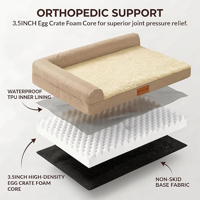 Patas Lague Orthopedic Dog Bed Medium Size Dog 30''X20'', Waterproof L Bolster Medium Pet Sofa Beds with Removable Washable Cover, Soft Pet Couch Crate Mat with Nonskid Bottom, Beige