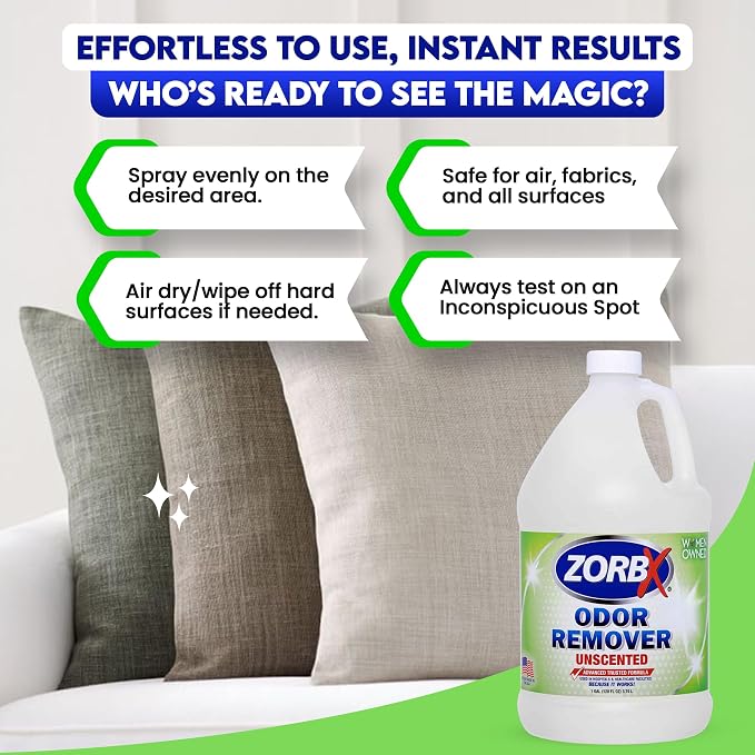 ZORBX Bundle of Odor Remover Sprays and Refill Solution - Perfect Solution for Funky and Foul Smells - All-Purpose Deodorizer Bundle - Includes 4 Odor Remover Sprays (7.5 Fl Oz) & Gallon (128 Fl Oz)