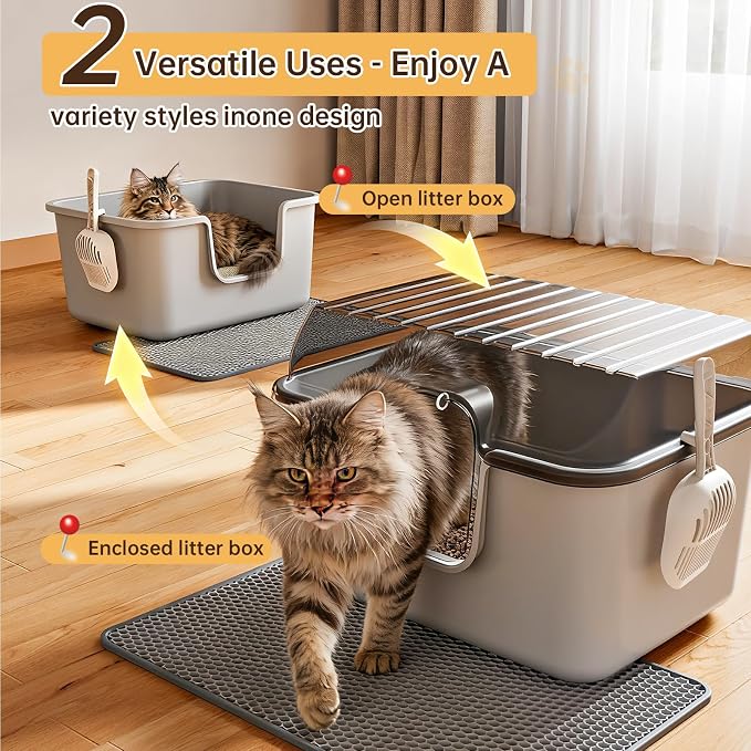 Oneluck Large Cat Litter Box with Lid and Sifting Mat, 24 Inch High Sided Enclosed Cat Litterbox for Indoor Cats, Translucent Hooded Design for Easy Cleaning, Extra Thick Plastic