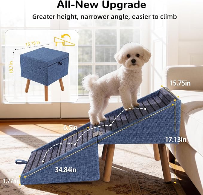 Dog ramp for Small Dogs, 2-in-1 Pet Steps & Ottoman - Foldable Dog ramp for Couch, Non-Slip Wooden Pet ramp for Puppy Senior Injured Dogs (Blue, XL(17.13H))