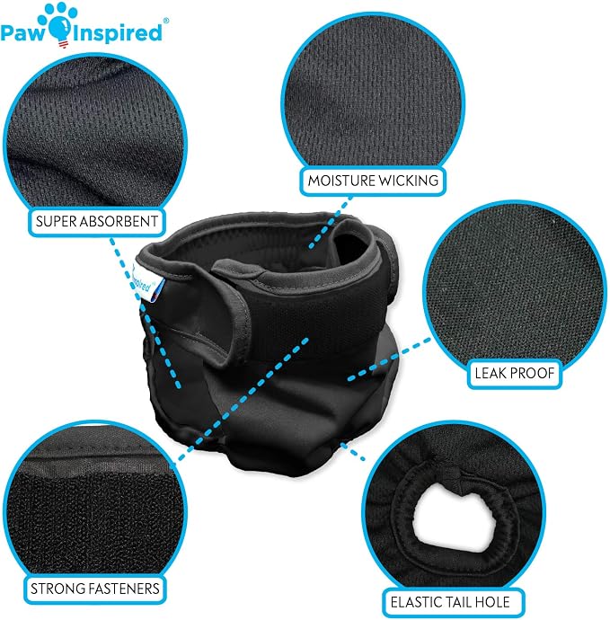 Paw Inspired Washable Dog Diapers (3 Pack) | Reusable Cloth Doggy Diapers for Female Small, Medium, Large Size Dogs (Black with Black Lining, Size Medium)