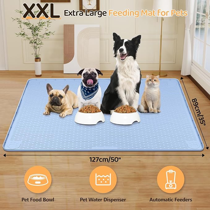 Dog Food Mat, Extra Large 50" x 35" Silicone Pet Feeding Mat with Raised Edge Pet Placemat for Small, Medium, and Large Pets Non-Slip, Easy to Clean (Blue)