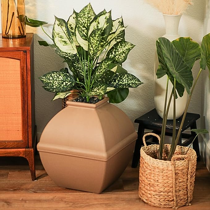 Good Pet Stuff Courtyard Hidden Litter Box Planter, Decorative Cat Litter Enclosure with Carbon Filter, Artificial Palm Plant, Square Design, Easy To Clean, Base Kit, Mocha Brown