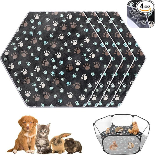 Preboun 4 Pcs 47 in Guinea Pig Playpen Pad Waterproof Hexagon Mat Reusable Dog Playpen Liner for Small Animal Rabbit Cage Tent Pee Pad Washable Yard Fence(Black Paw)