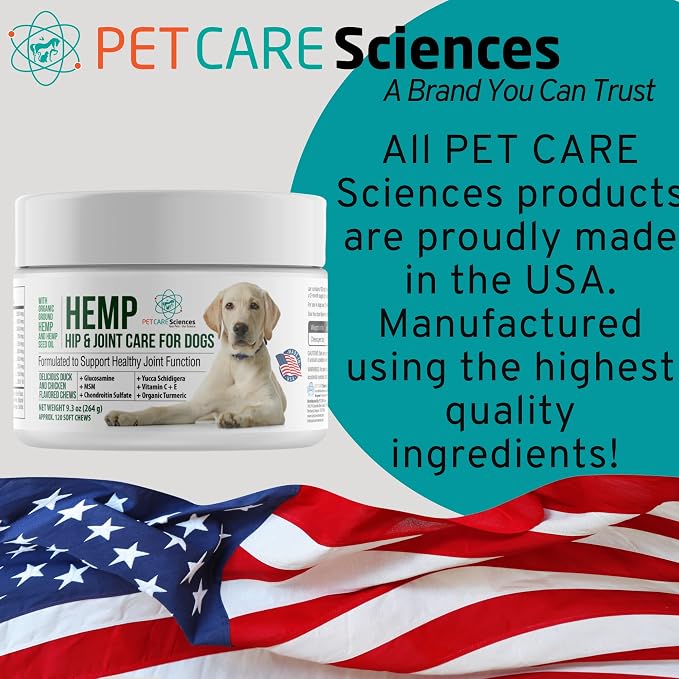 Hemp Dog Hip and Joint Supplement with Glucosamine Chondroitin MSM, Turmeric for Dogs, Calming Chew for Stress and Anxiety, 120 Soft Chews, Chicken Flavor, Made in USA