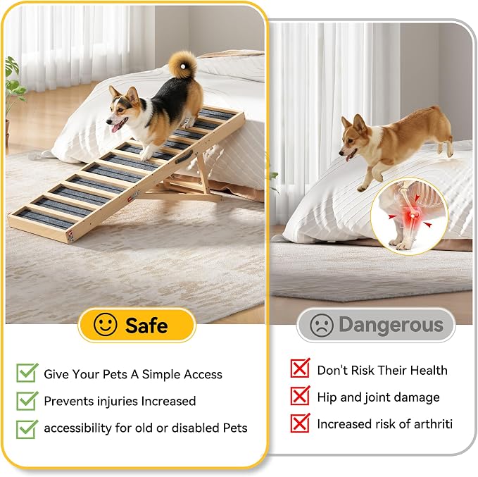 Dog Ramp for Bed, Couch, Car-55 L Gentle Slope Folding Pet Ramp with Non-Slip Surface and Metal Reinforced-High Traction,4 Adjustable Heights 18"-25", Supports 176lbs for Small Medium Large Dogs