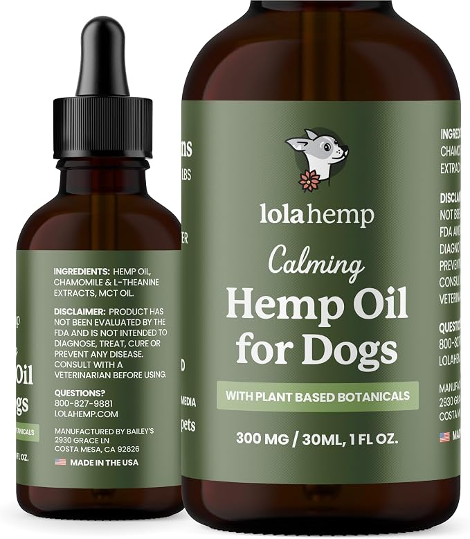 Lolahemp Calming Hemp Oil for Dogs with L-Theanine and Chamomile - Vet Formulated Natural Calming Dog Support - for Nerves, Loud Noises, Thunder, Fireworks - Promotes Relaxation - USA Made