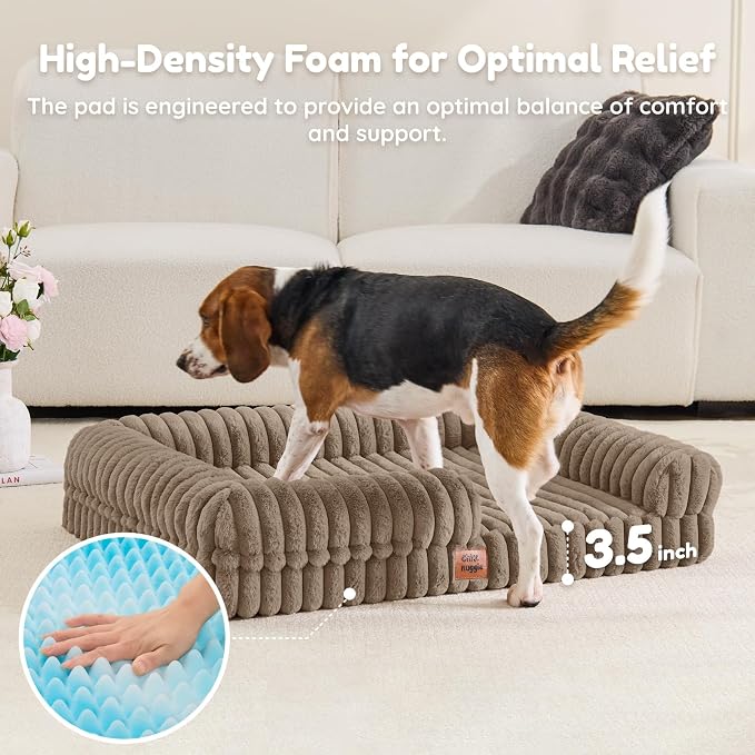 Orthopedic Dog Bed for Large Dogs, Washable Dog Bed with Faux Rabbit Fur Waterproof Cover, High Density Egg Crate Foam Support with 3-Sided Bolsters for Senior Dogs, Non-Skid Bottom,35x28x7, Taupe