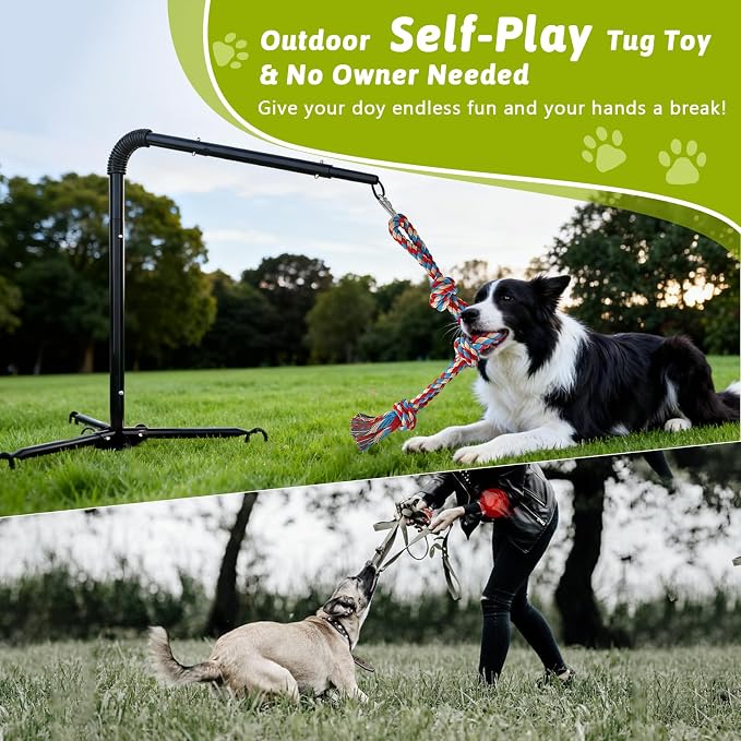 Outdoor Dog Tug Toy for Backyard, Dog Tether Toy, Adjustable Height Durable Spring Pole Dog Toy for Small Medium Dogs, Interactive Hands-Free Dog Exercise Toy with 2 Chew Rope Toys